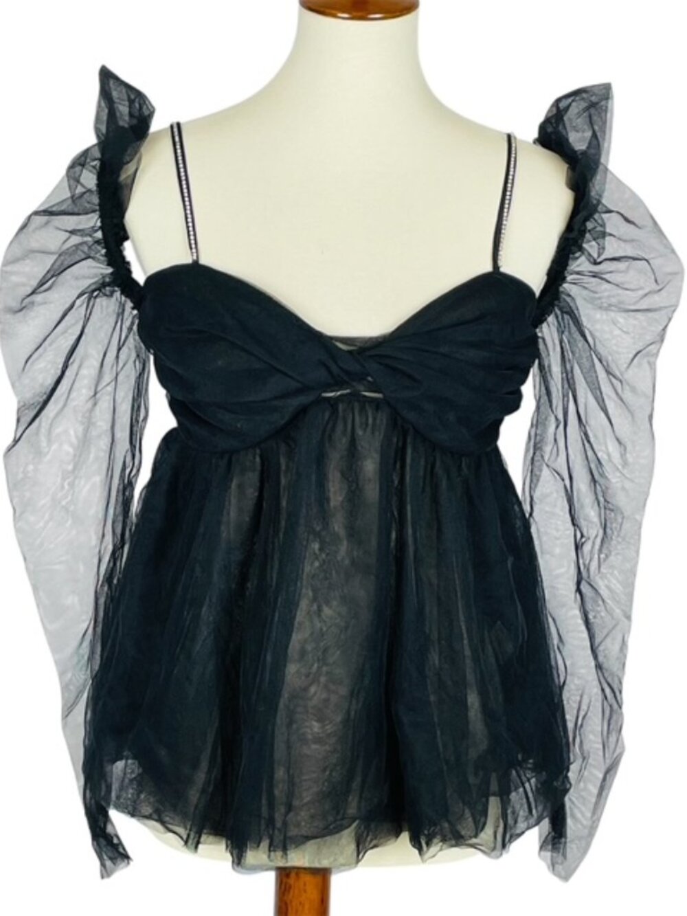 MABLE Babydoll Top Sz M Sheer Black Mesh Goth Festival Sparkle Club Dark Fairy